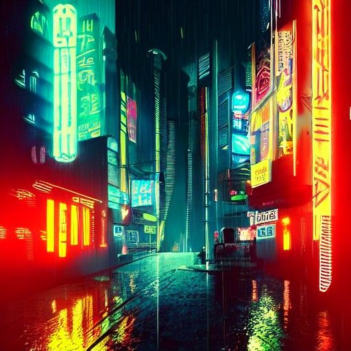 Neon Lit Rainy Cityscape in Cyberpunk Style