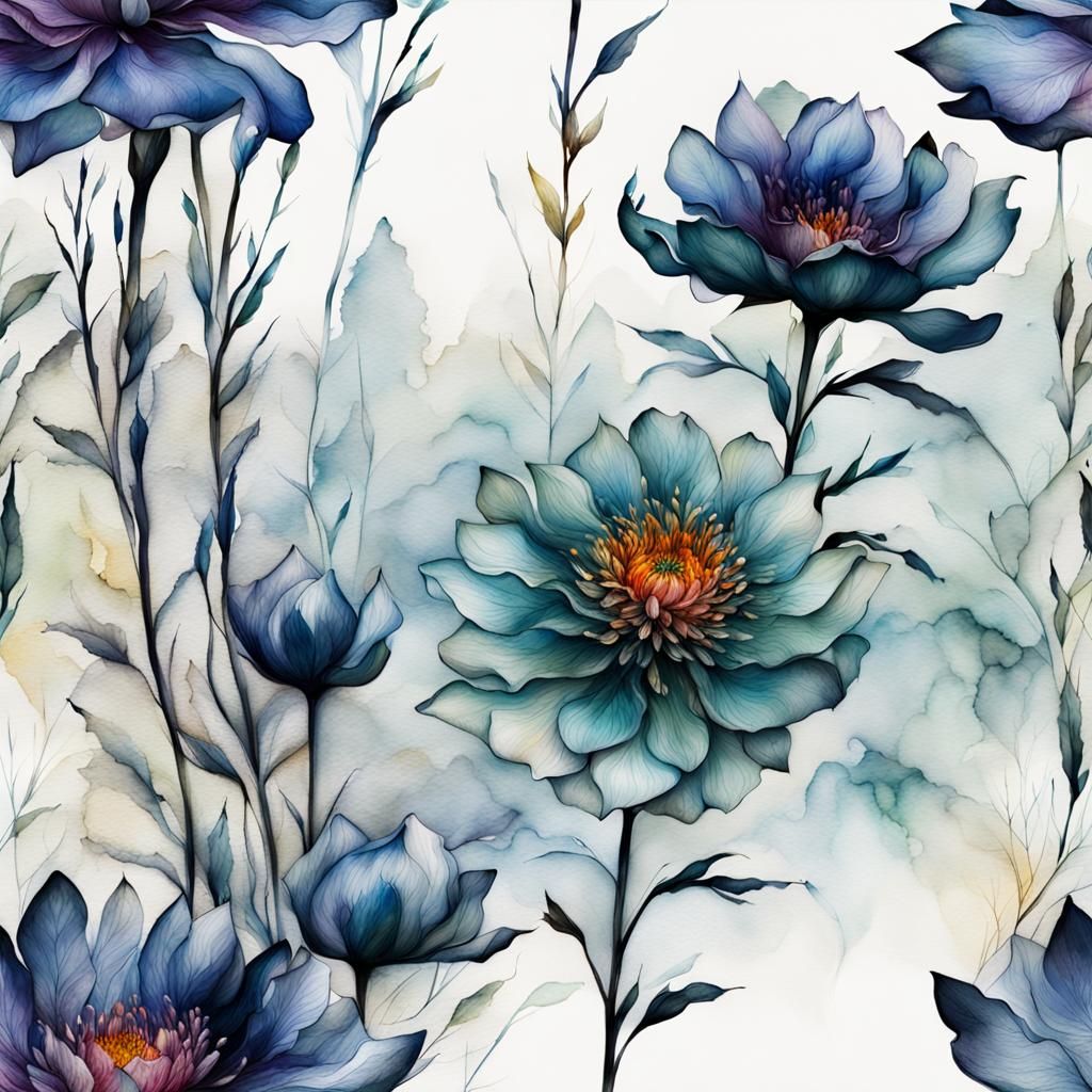 Minimalist Flower in Encaustic Ink Painting Landscape