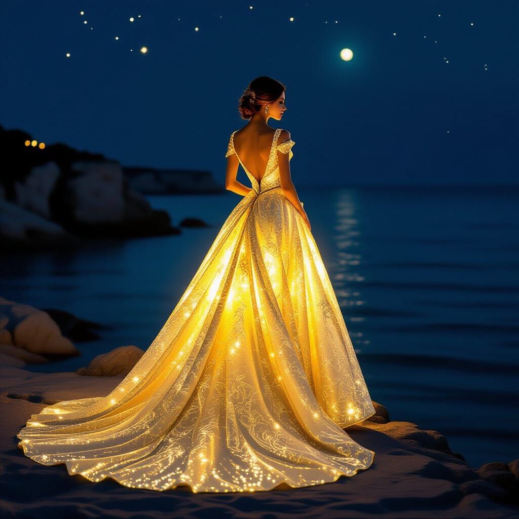 Golden Gown Woman at Cliffs Edge: Art Nouveau Style