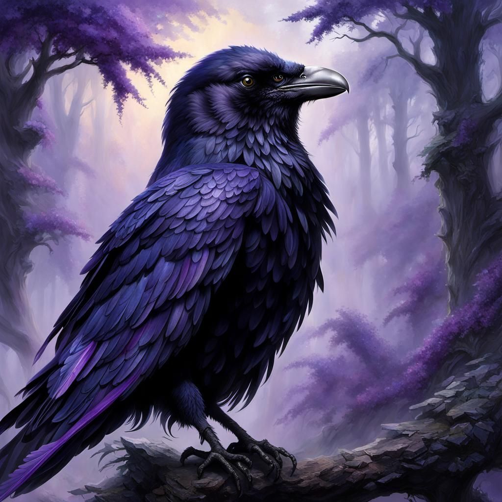 Raven-Headed Rogue with Purple Feathers in Ethereal Style