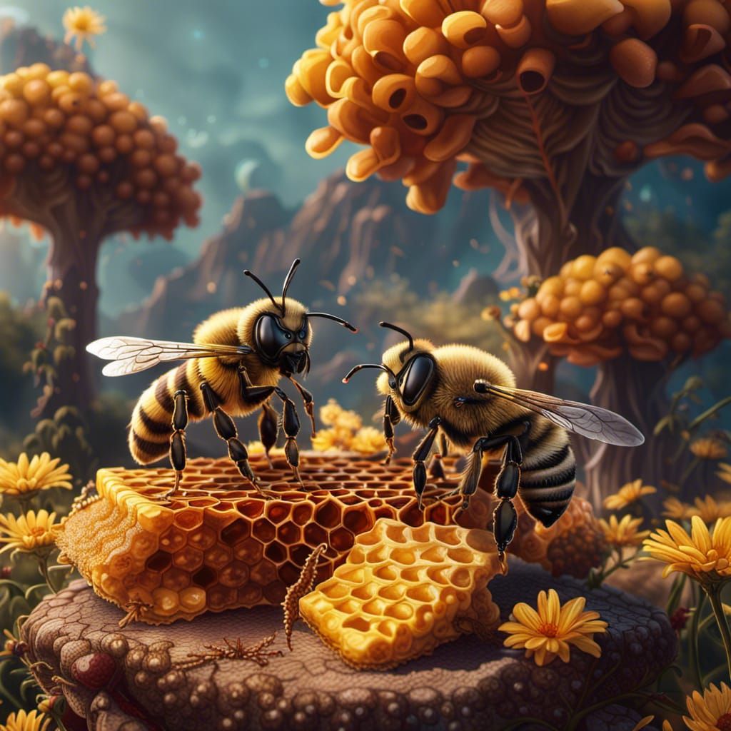 Bees Picnic on Honeycomb: Fantasy Concept Art