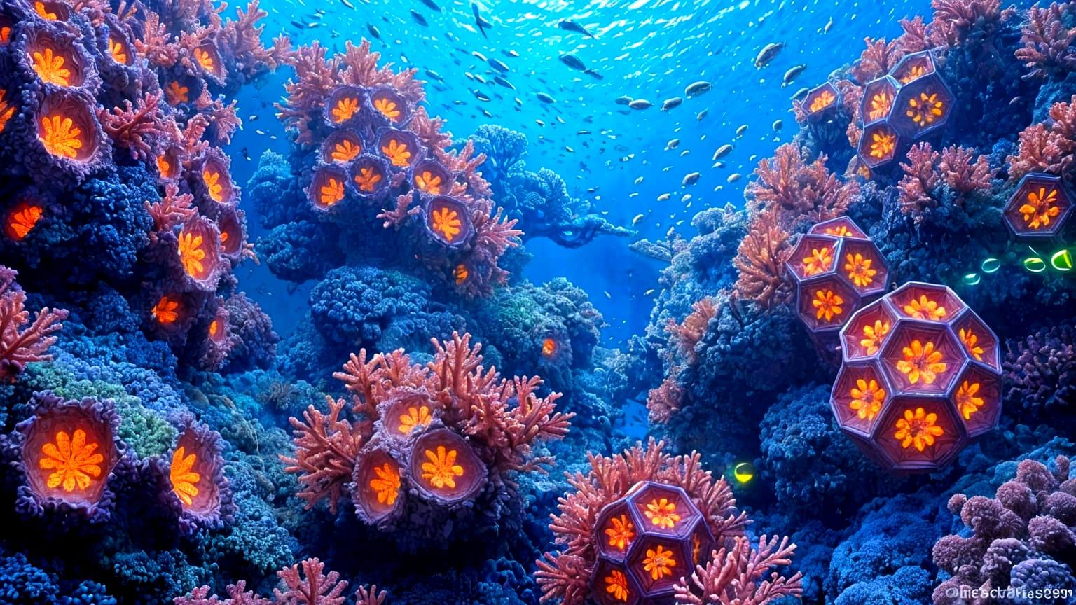 Alien Coral Reef with Geometric Polyhedra and Fractal Patter...