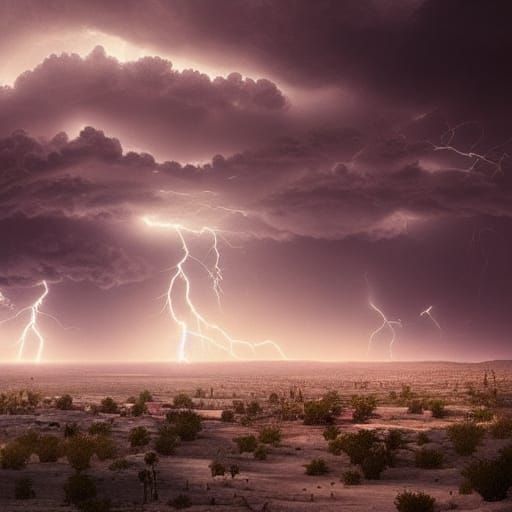 Dramatic Lightning Storm Over Desert Oasis
