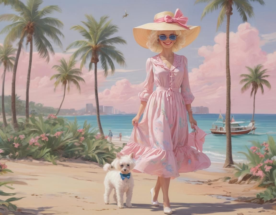 Parisian Fashionista and Poodle on Tropical Beach