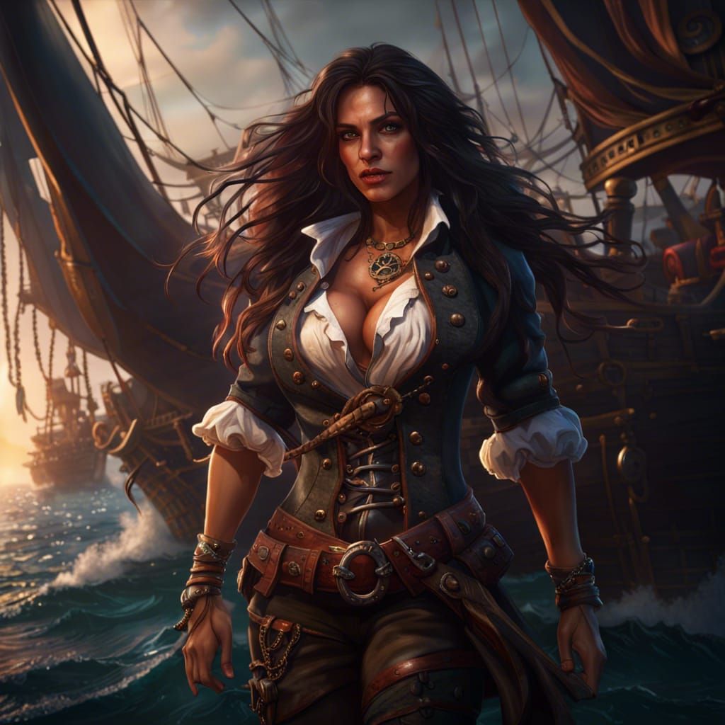 Detailed Pirate Woman on Ship, Fantasy Concept Art