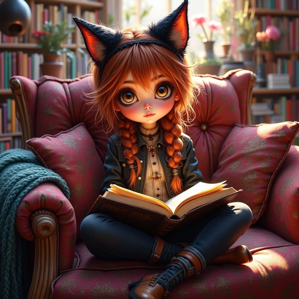 Whimsical Cat-Eared Girl Reading: Gothic-Punk Fairytale