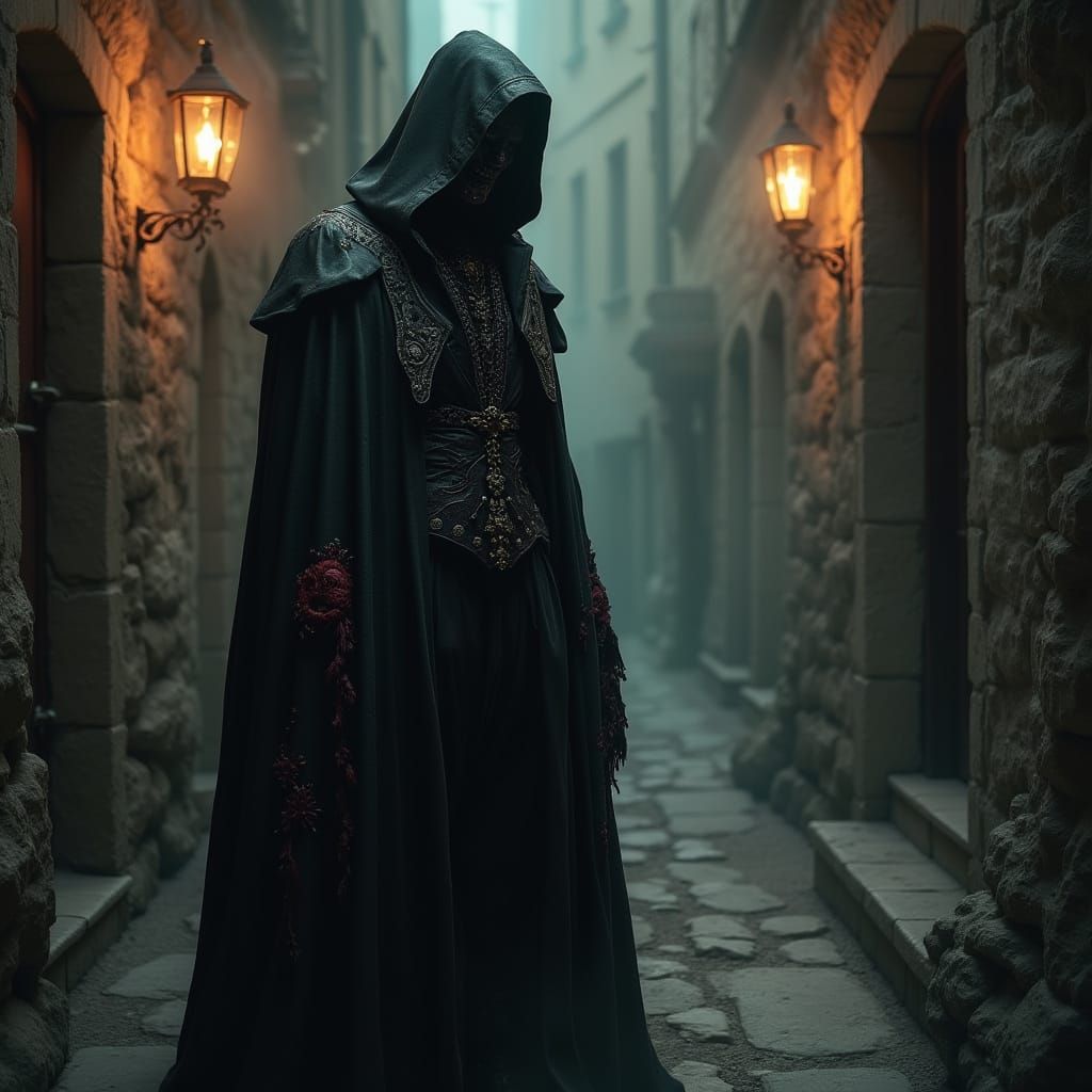 Spanish La Sombra Vampire in Dark Leather Cloak