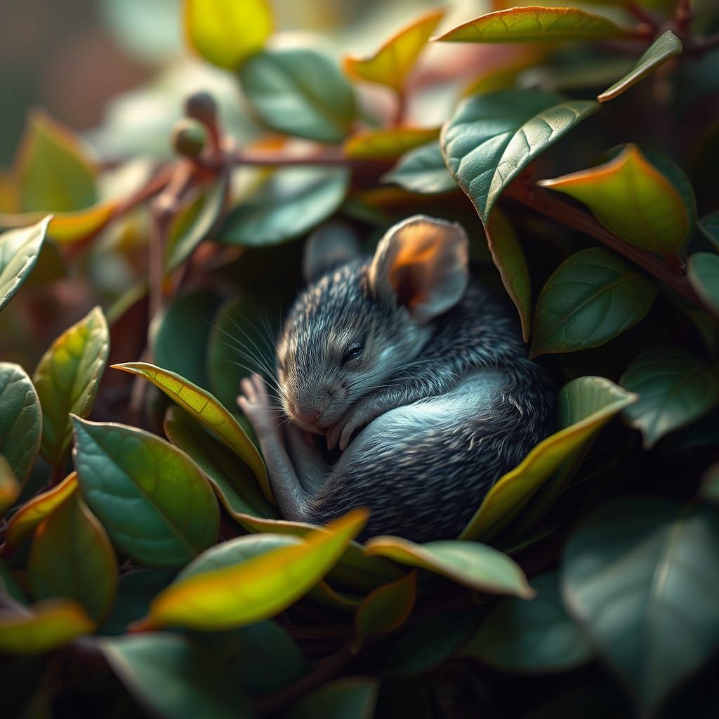 Fantastical Mouse in a Tapestry of Green Leaves, Matte Paint...
