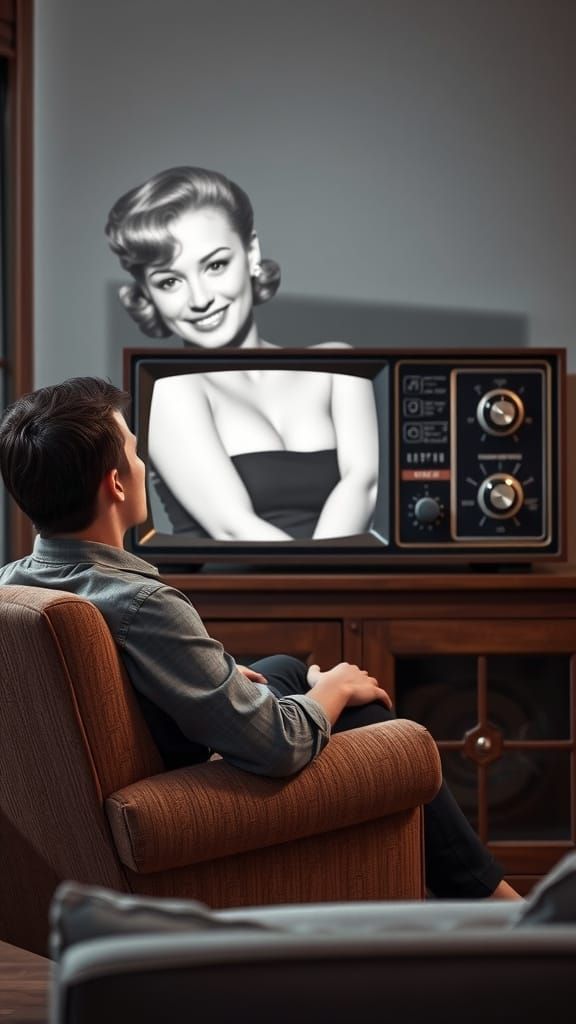 Man Watches Vintage TV Broadcast in Cozy Living Room