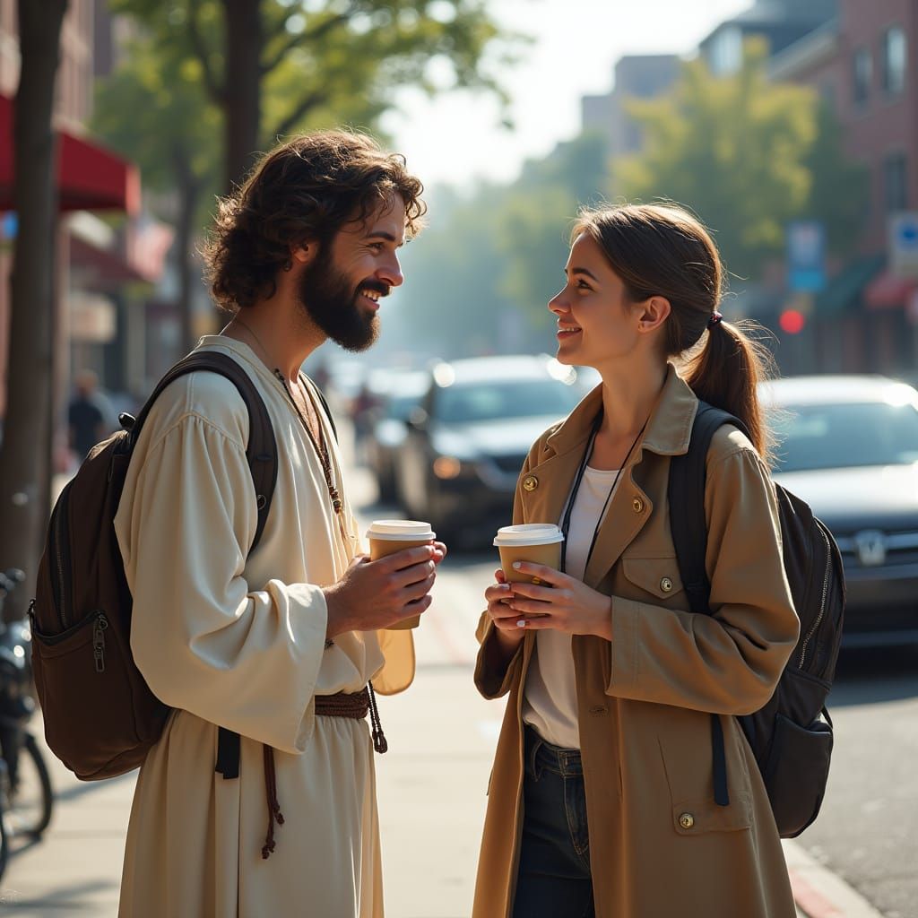 Jesus in Modern Urban Setting Shares Joy with Young Woman