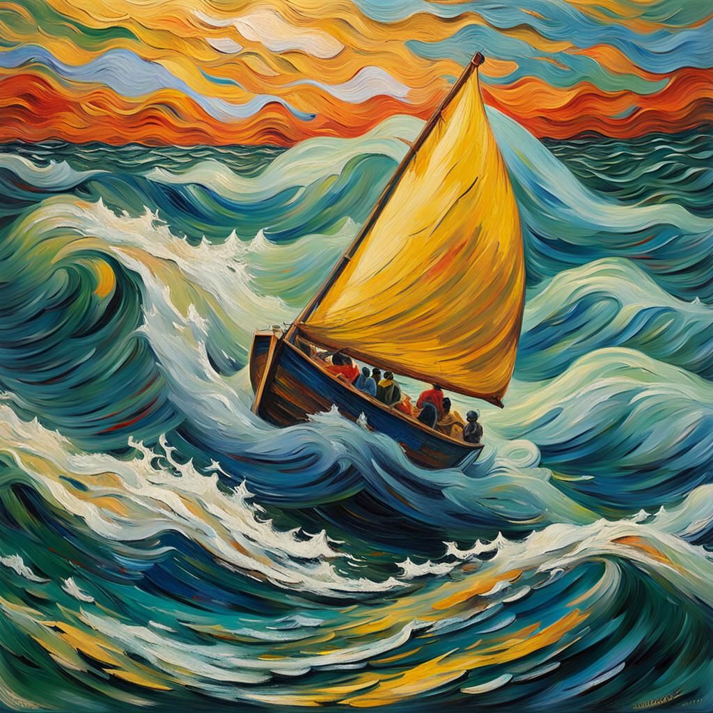 Vibrant Neo-Expressionist Skiff Sailing in Choppy Waters