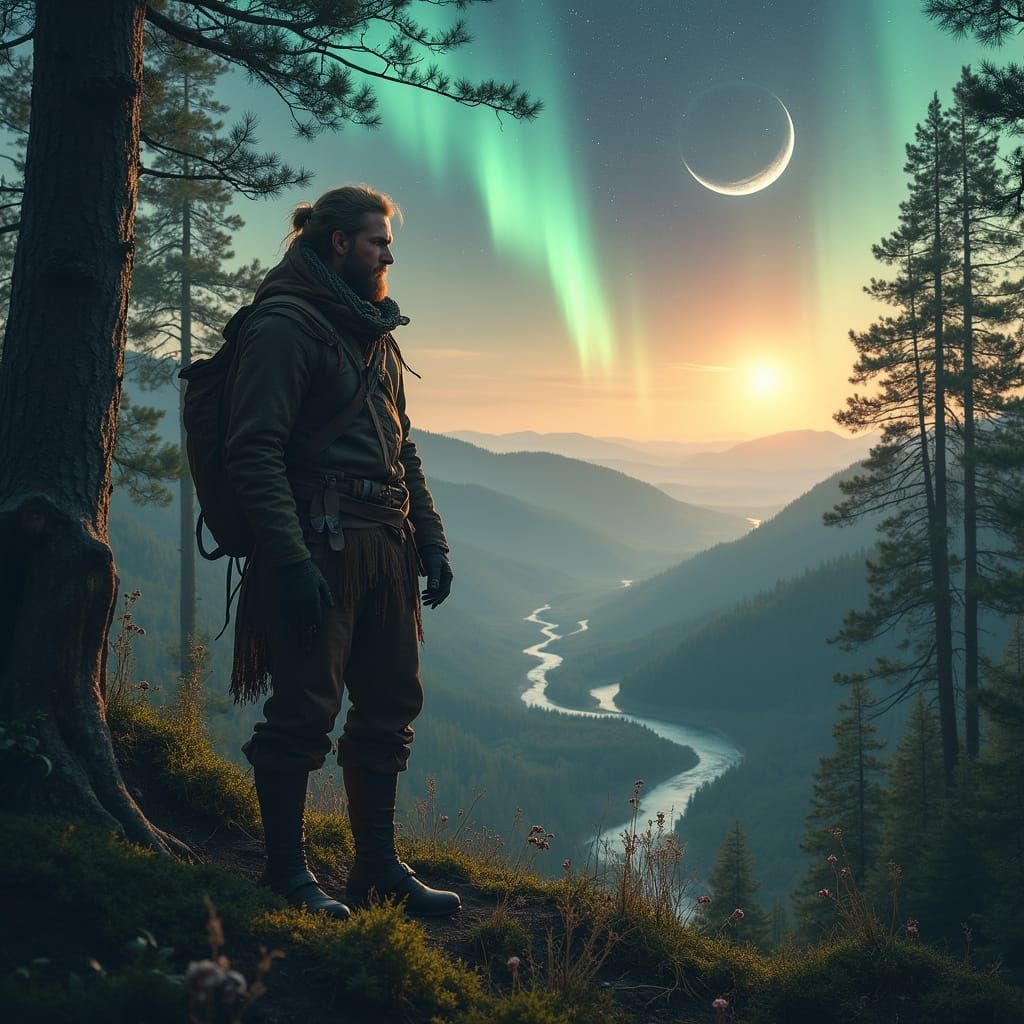 A Nordic Nature Wanderer Under Starry Night Sky with Vibrant...