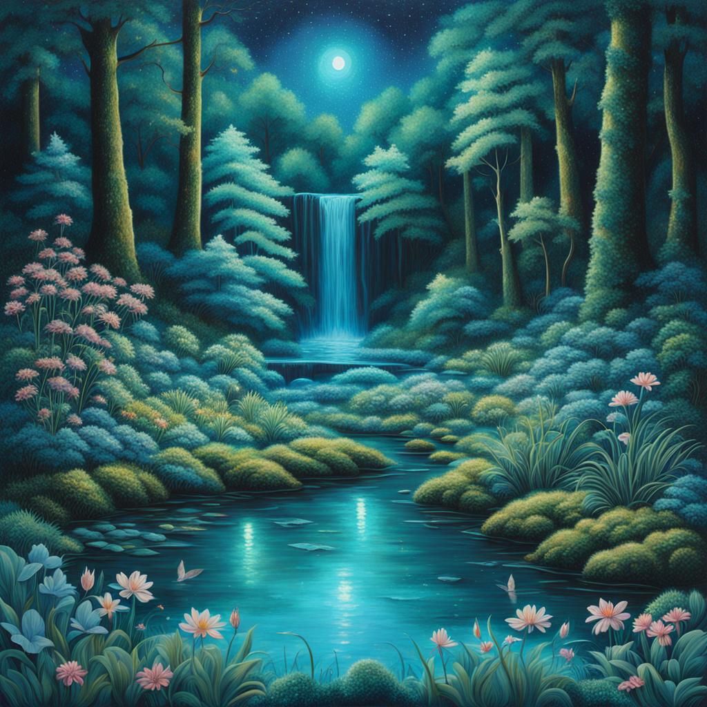 Glowing Turquoise Forest with Glittering Waterfall