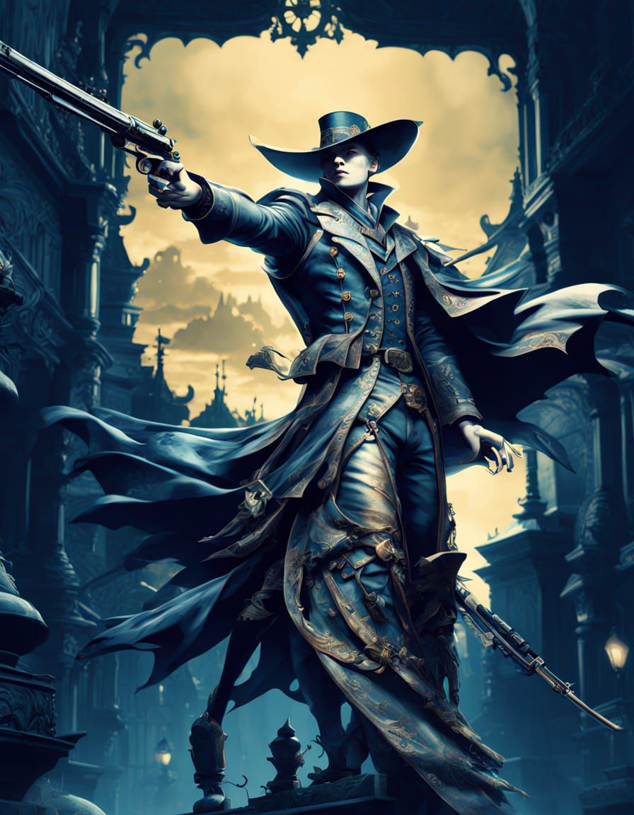 Victorian Gunslinger on Rooftop in Dark Fantasy Art
