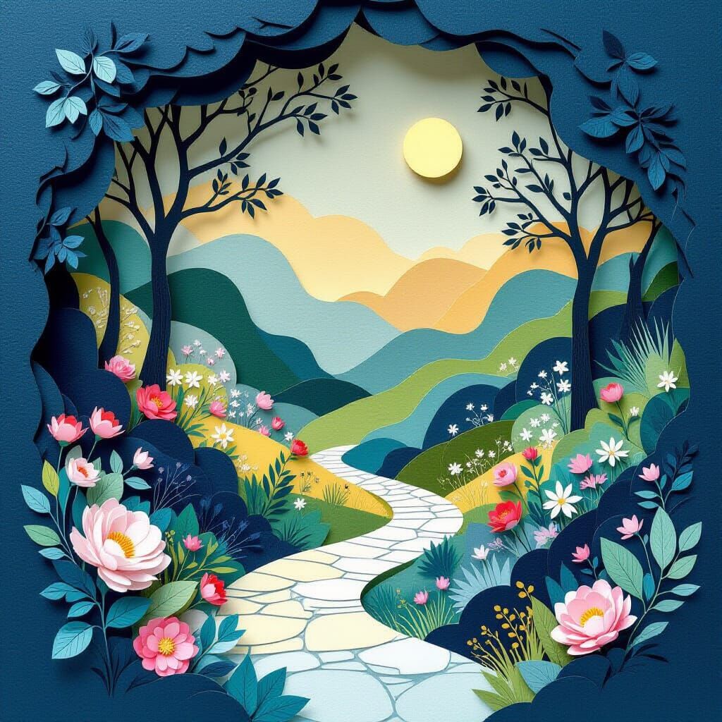 Intricate Layered Paper Art Landscape in Jewel Tones