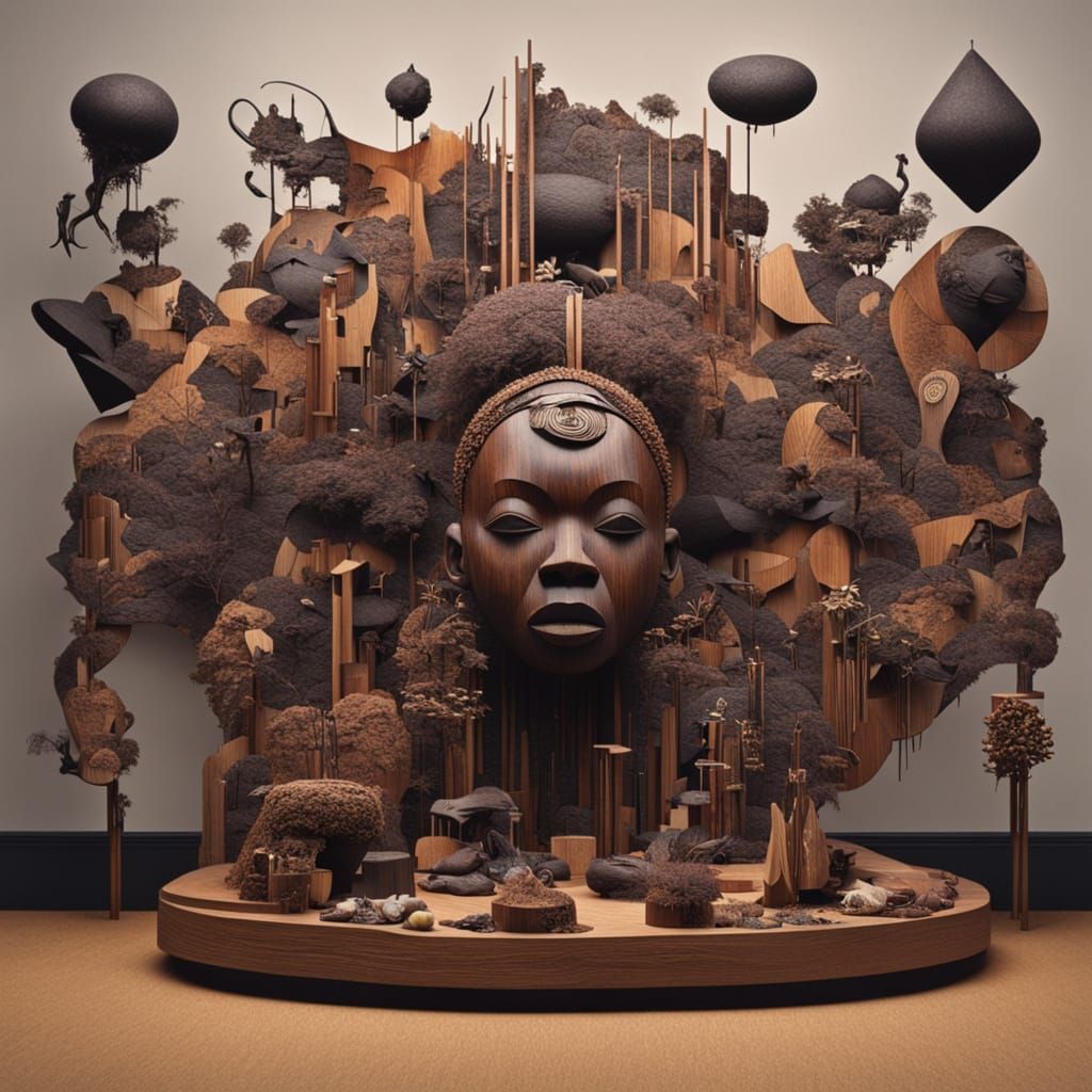 Afrofuturistic Wooden Sculpture in Maximalist Style