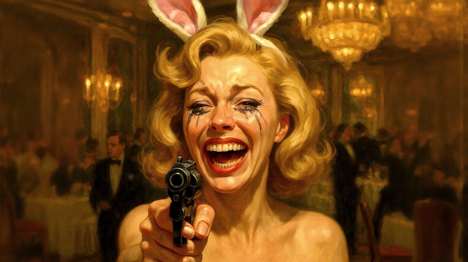 Emotional Woman Points Gun at Party, Rockwell Style