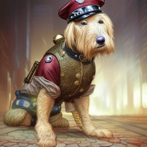 A blonde Groodle dog dressed in a policeman uniform,steampunk engine, Mark Brooks and Dan Mumford, comic book art, perfe...