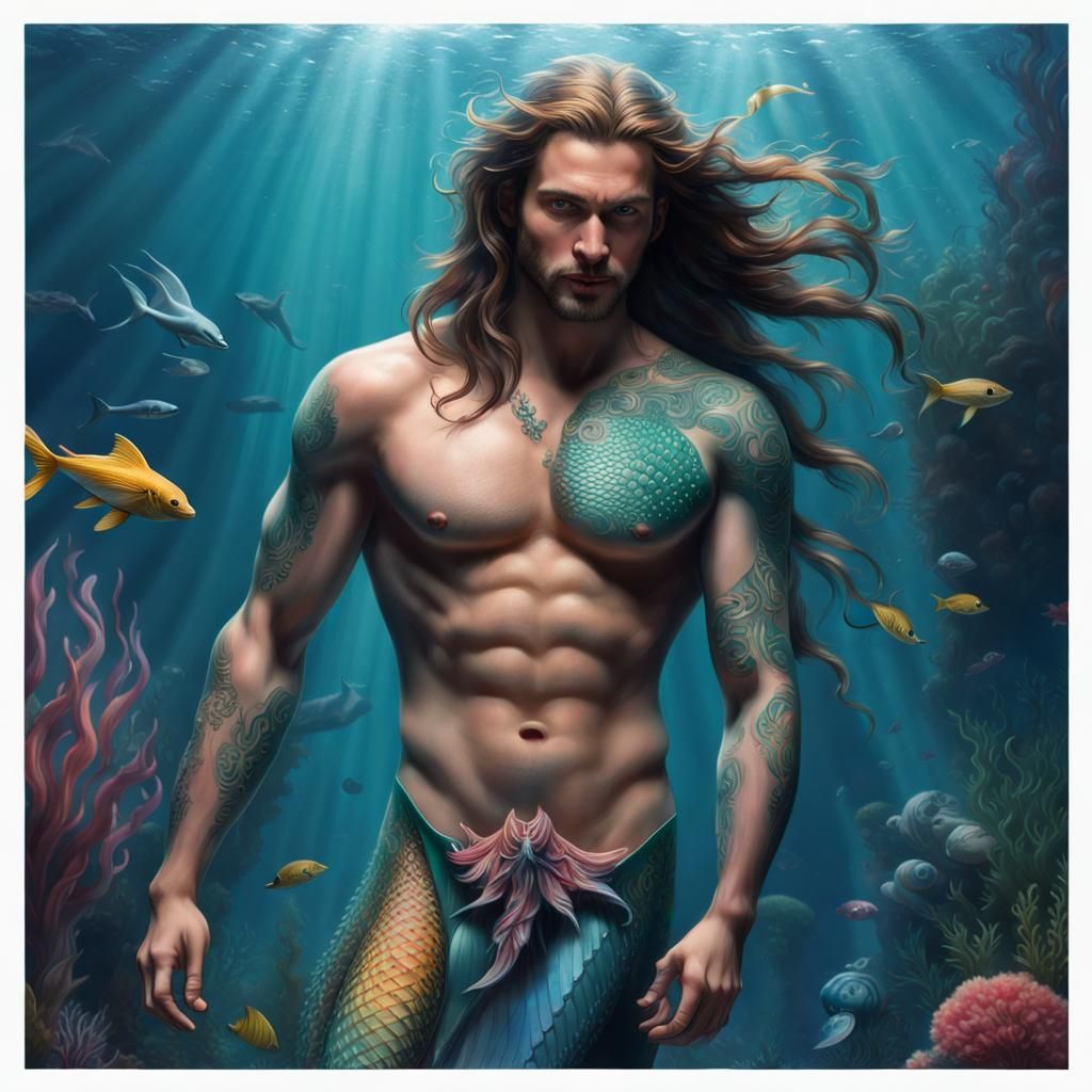 Handsome Merman with Glowing Tattoos Underwater Portrait