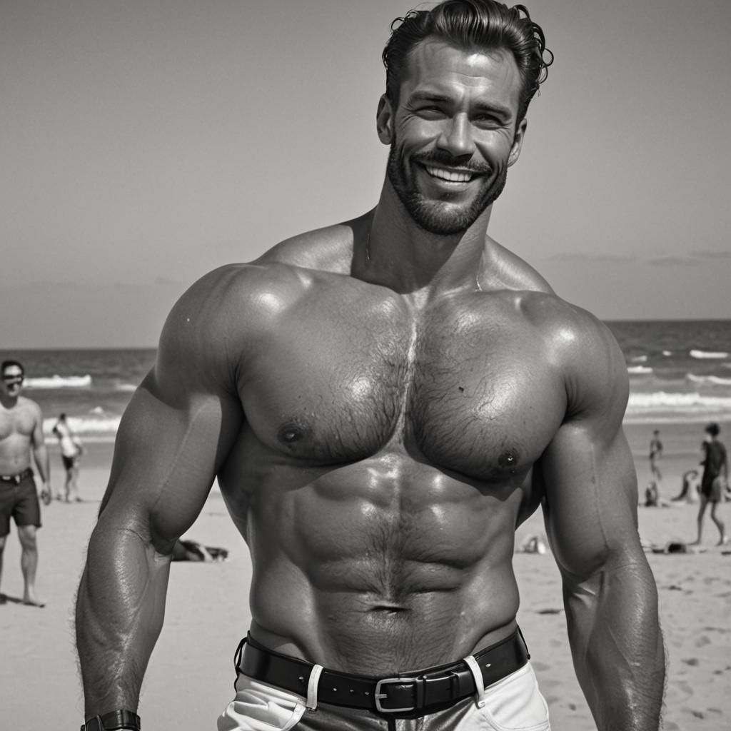 Muscle Hunk on Beach in Tom of Finland Style
