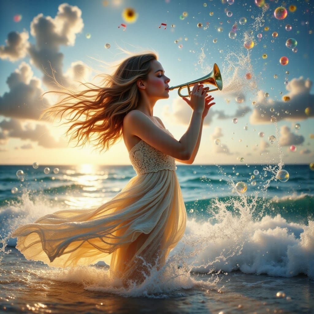 A Young Girl Harmonizes with the Ocean in Vibrant Hyper Real...