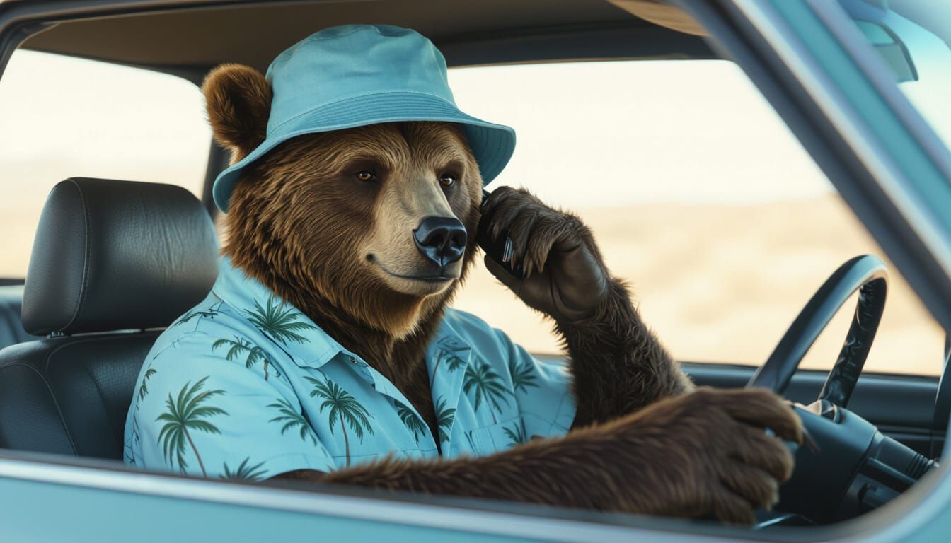 Bear-Human Hybrid in Car, Photorealistic Detail