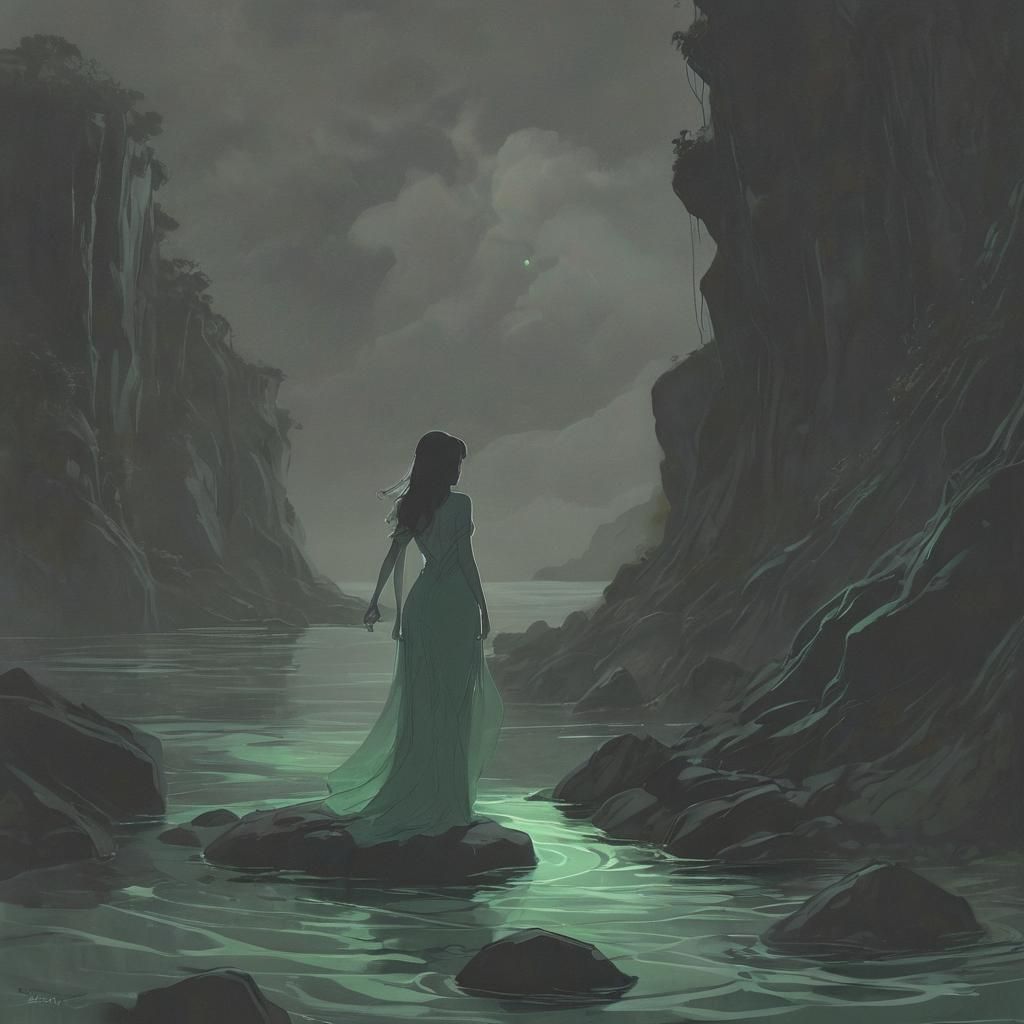 Art by Glen Keane, Megara standing on the cliff, looking dow...