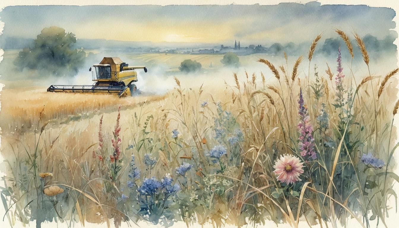 Watercolor Combine Harvester in Golden Wheat Fields