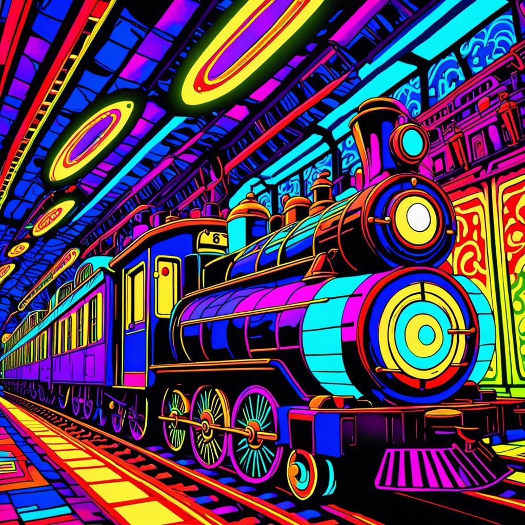 Psychedelic Train in Neon-Lit Surrealism