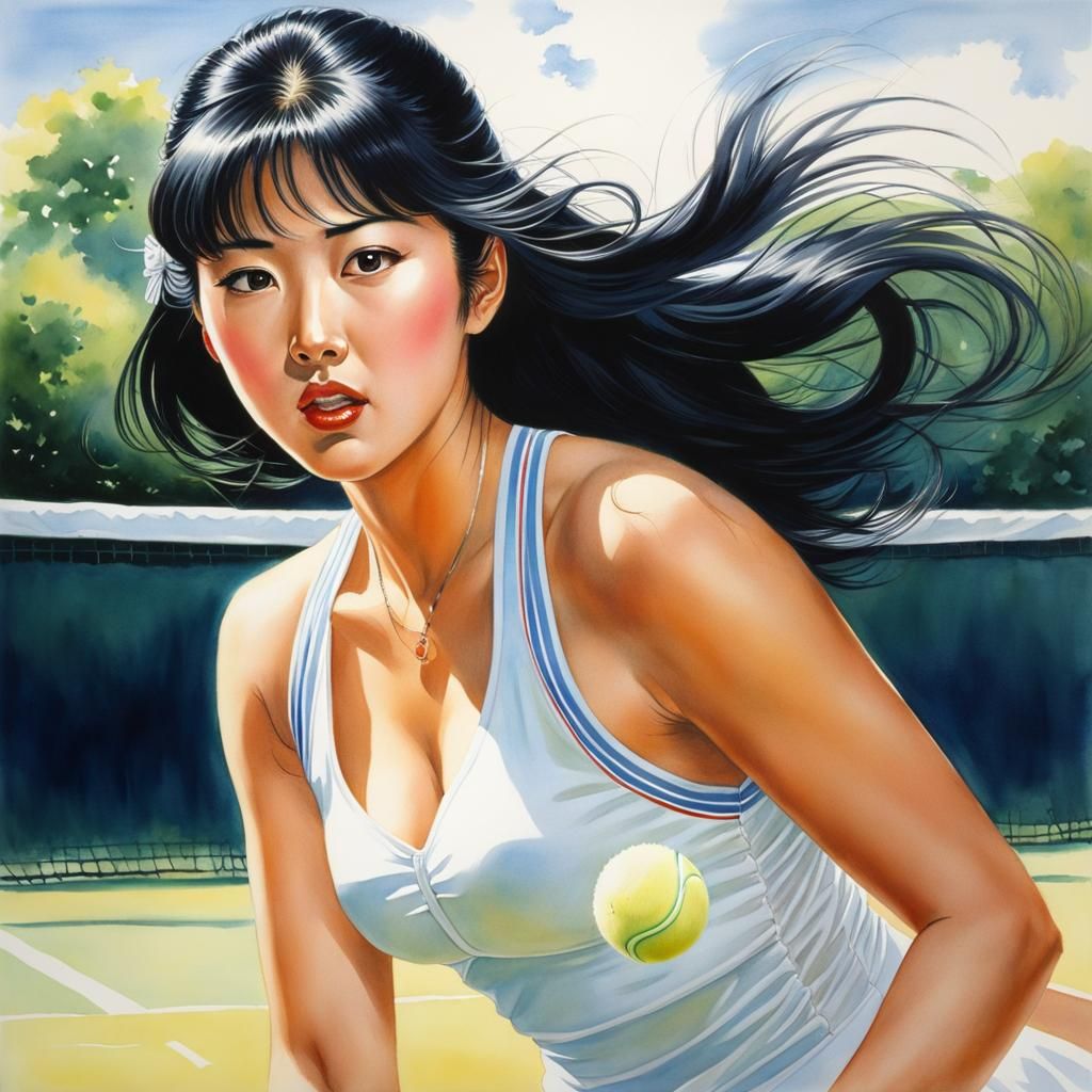 Japanese Woman Playing Tennis in 1980s Watercolor Style