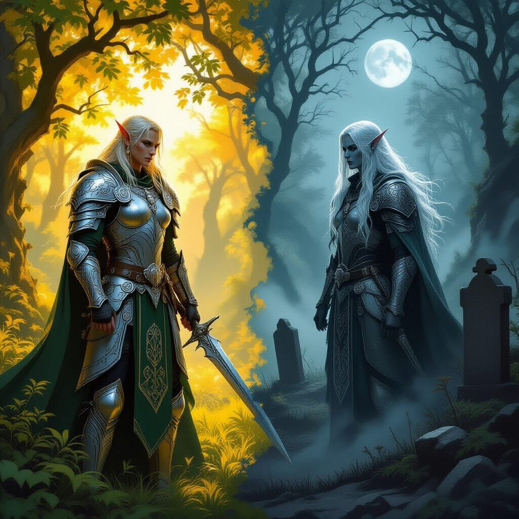 Elf Warrior: Before and After, in Dark Fantasy Style