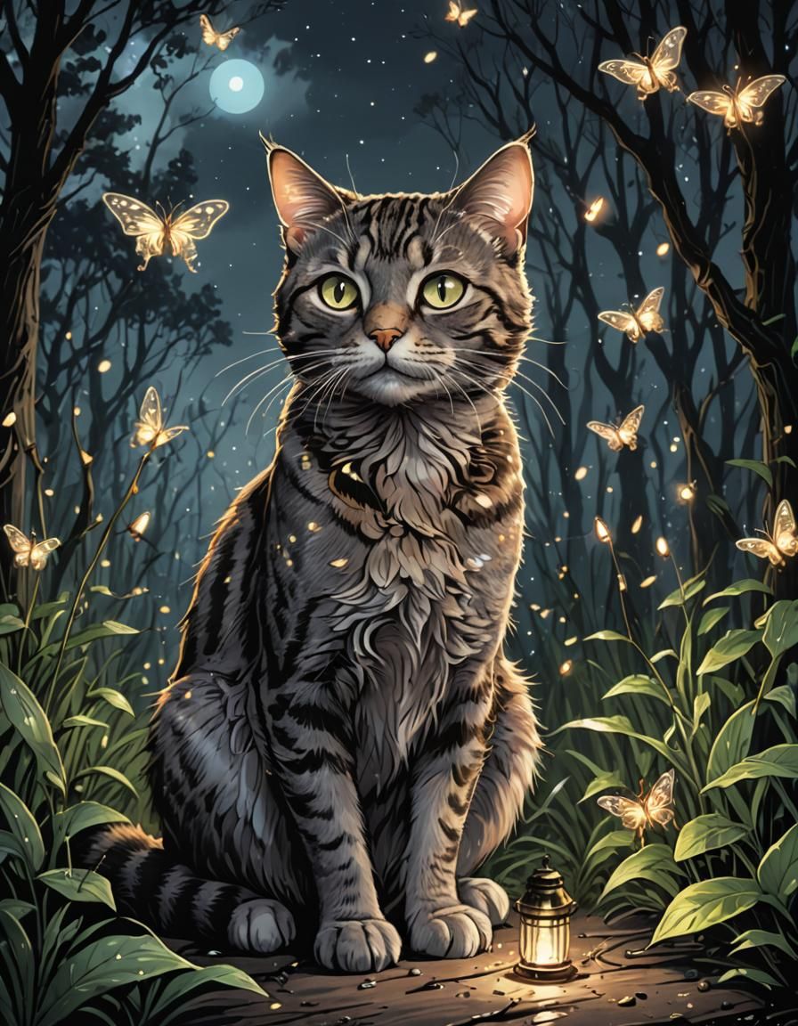 Whimsical Tabby Cat with Fireflies Illustration