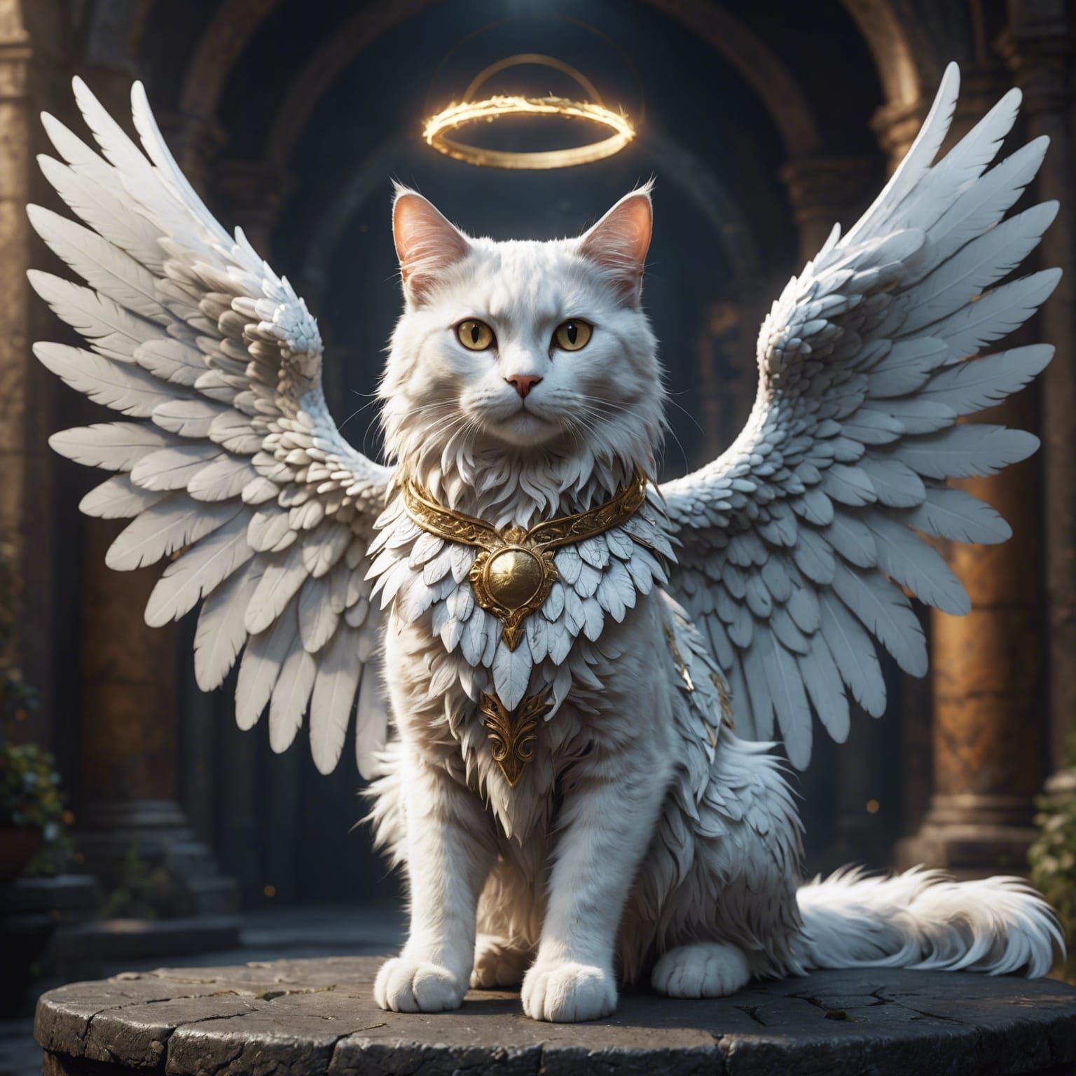 Angelic Cat with Wings and Halo in Detailed Painting