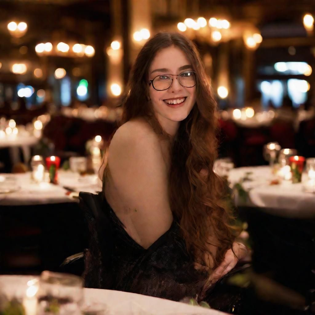 Elegant Beauty in Wheelchair at Restaurant, Detailed Photo