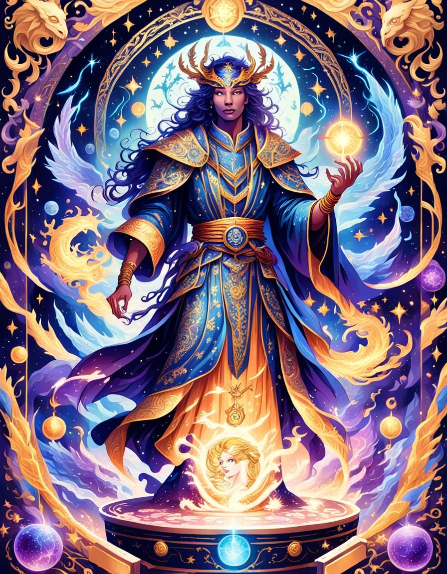 An enchanting and vividly colorful fantasy tarot card illust...