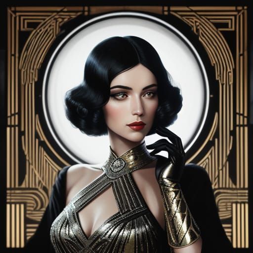 Elegantly Dressed Woman in Art Deco Halo