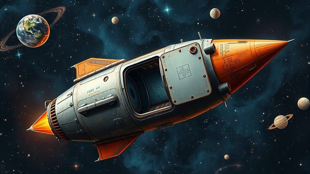 Retro Rocket Soars Through Cosmic Space