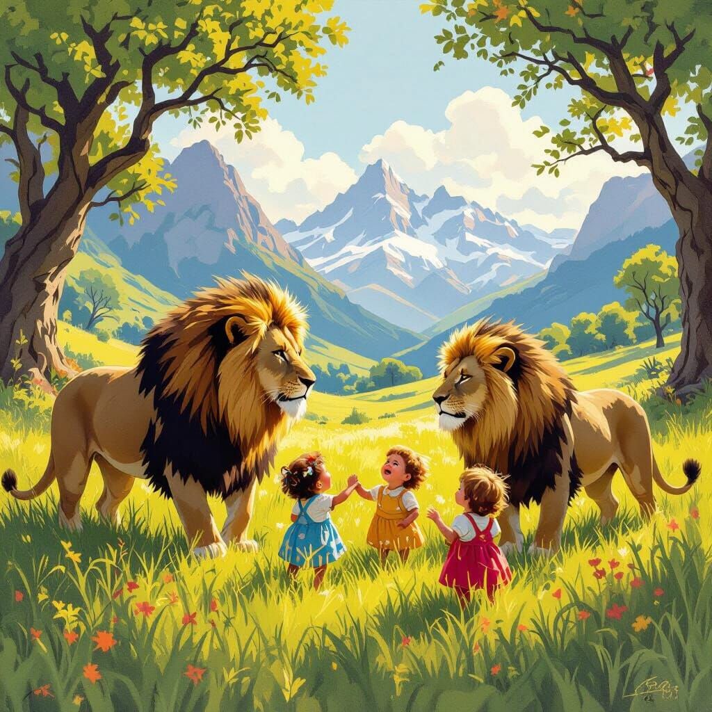 Lions Protecting Children in Lush Field