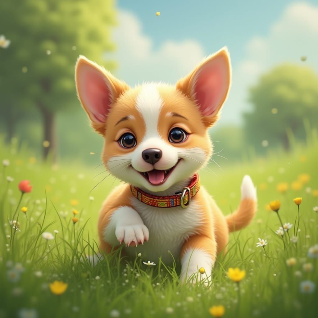 Puppy in Meadow, Beatrix Potter Style Illustration