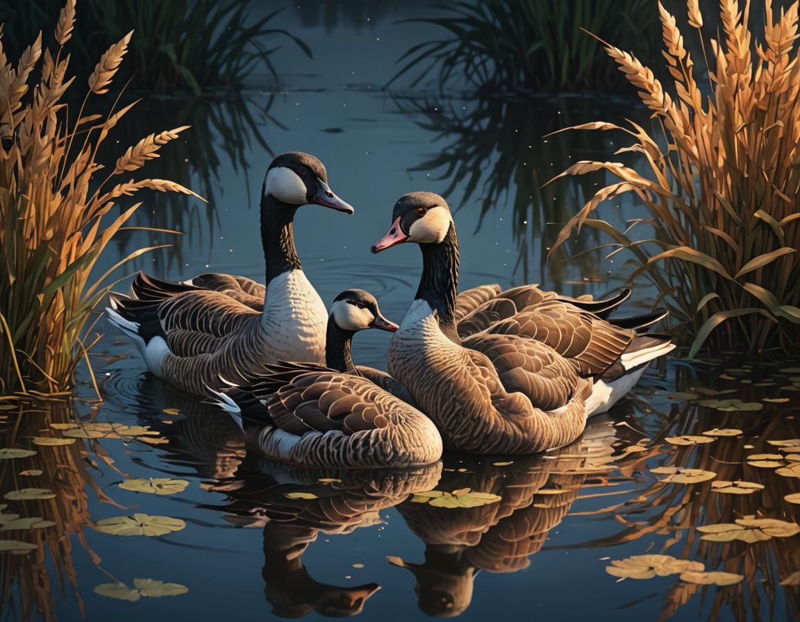 Geese Embrace on a Clear Night: Hyperrealistic Splash Art