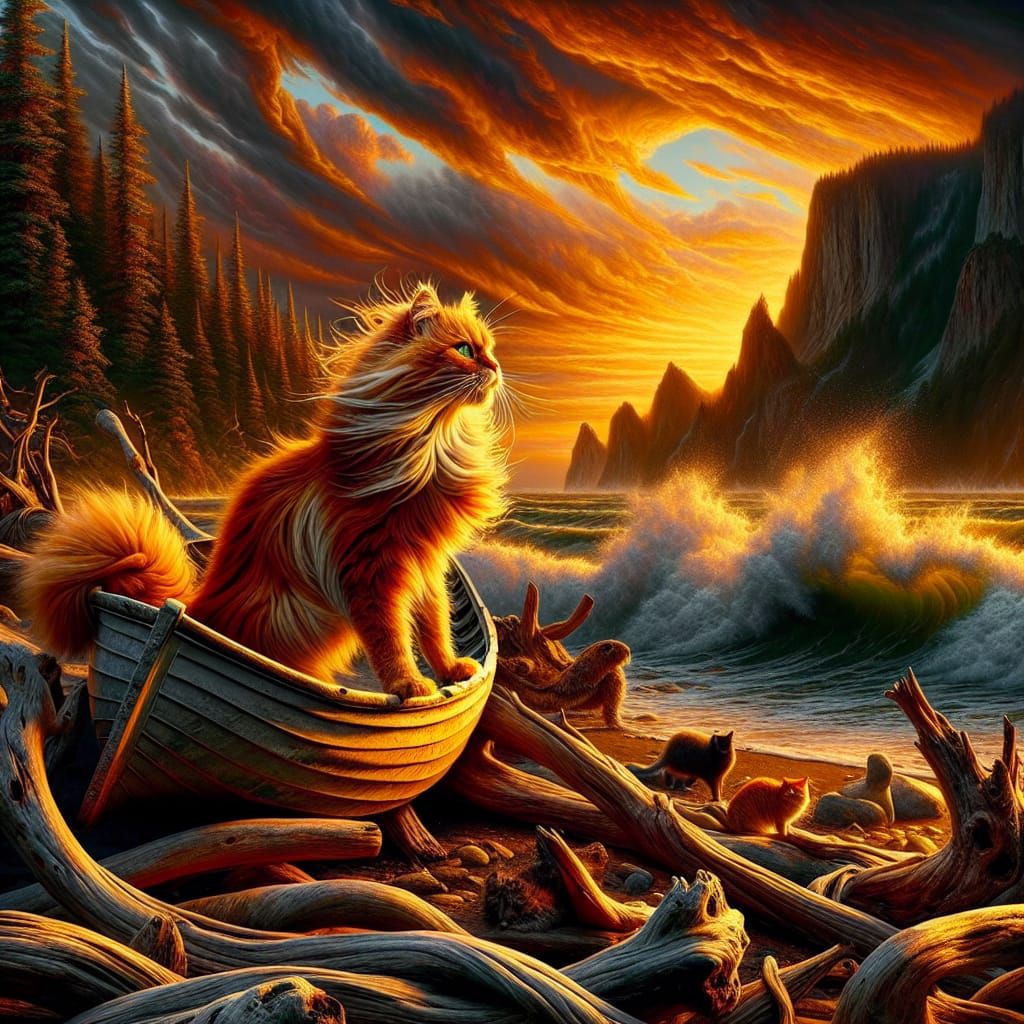 Orange Cat Contemplates the Sunset: Maximalist Digital Paint...