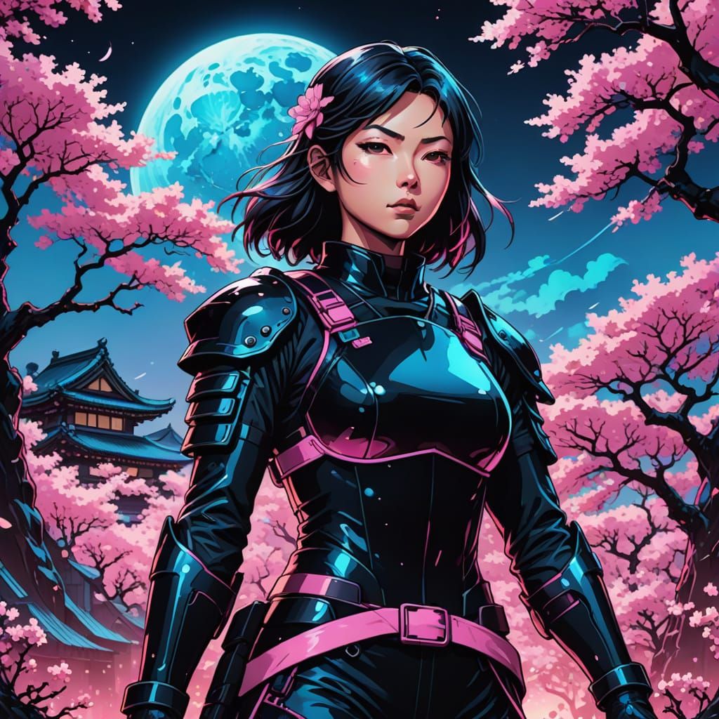 Surreal Ninja Warrior in Vibrant Neon Japanese Landscape