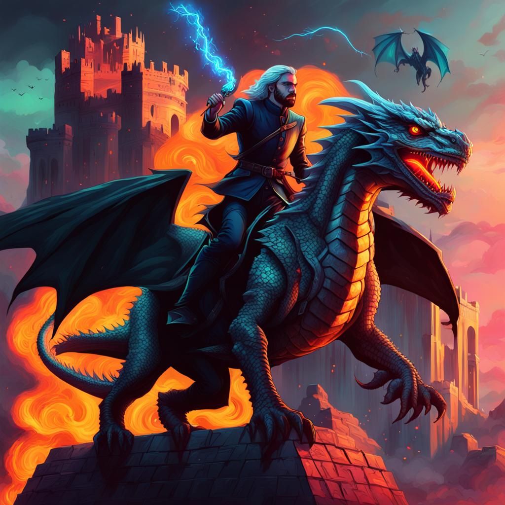 Dragons Destroying Kings Landing in Synthwave Style