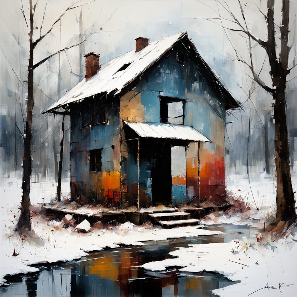 Abstract Expressionist Shelter in Snowy Landscape
