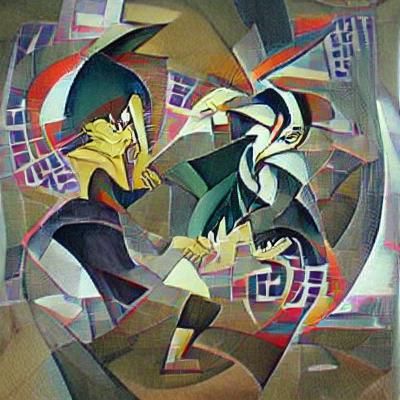 Dynamic Battle in Abstract Cubism Style