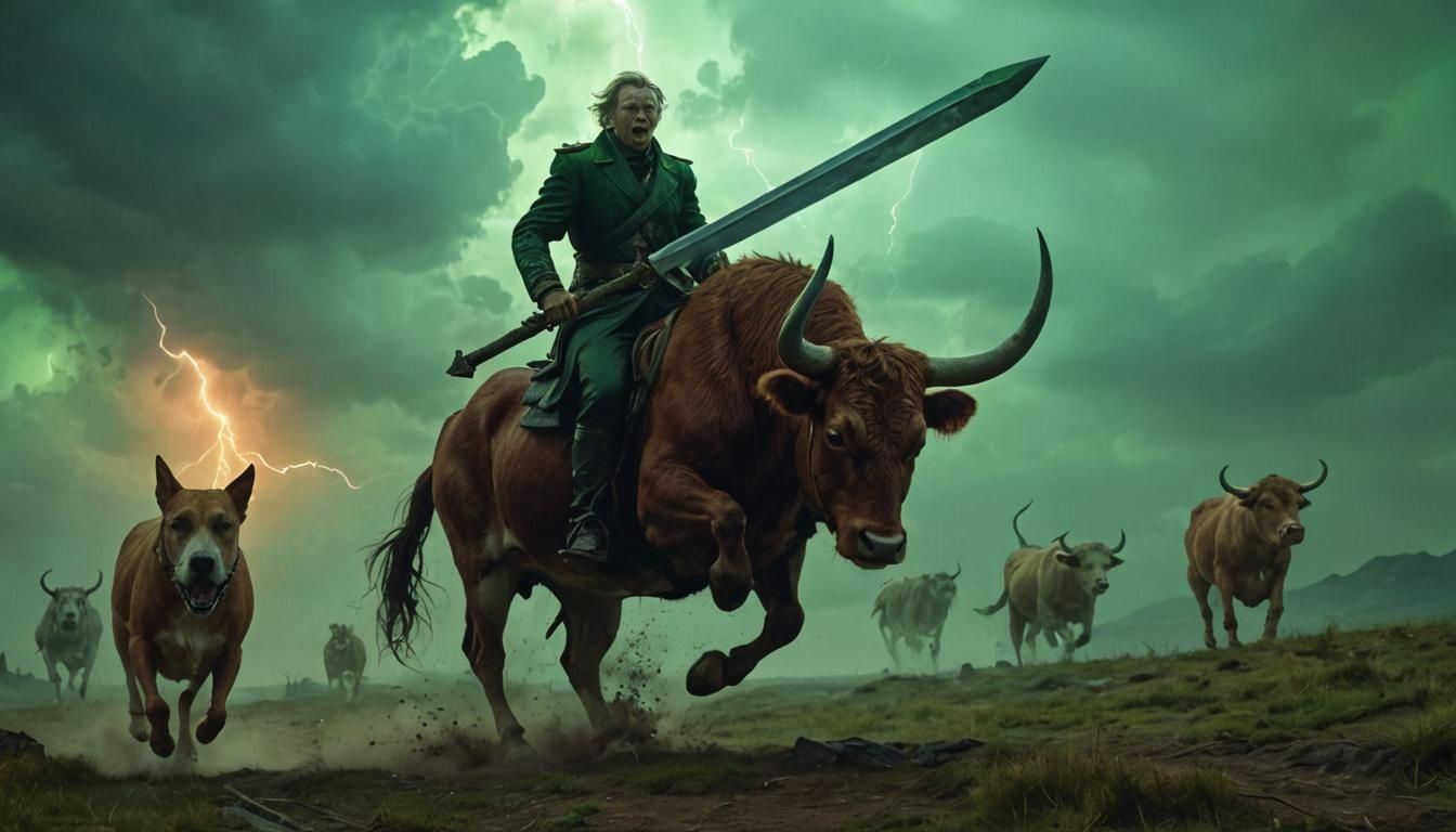 Kaczyński-like Figure Rides Cow in Mucha-Rutkowski Style