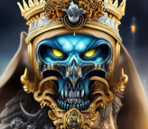 Skeleton King with Golden Crown in Apocalyptic Setting