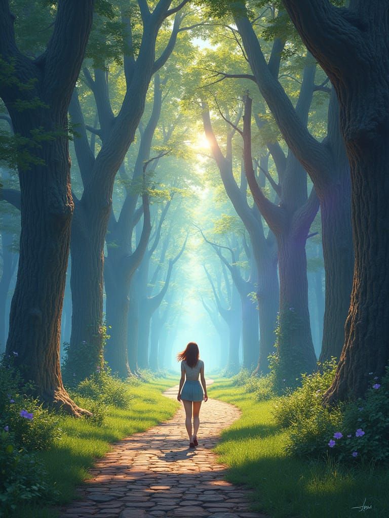 A Lone Woman Embarks on a Journey Through Whimsical Worlds,....