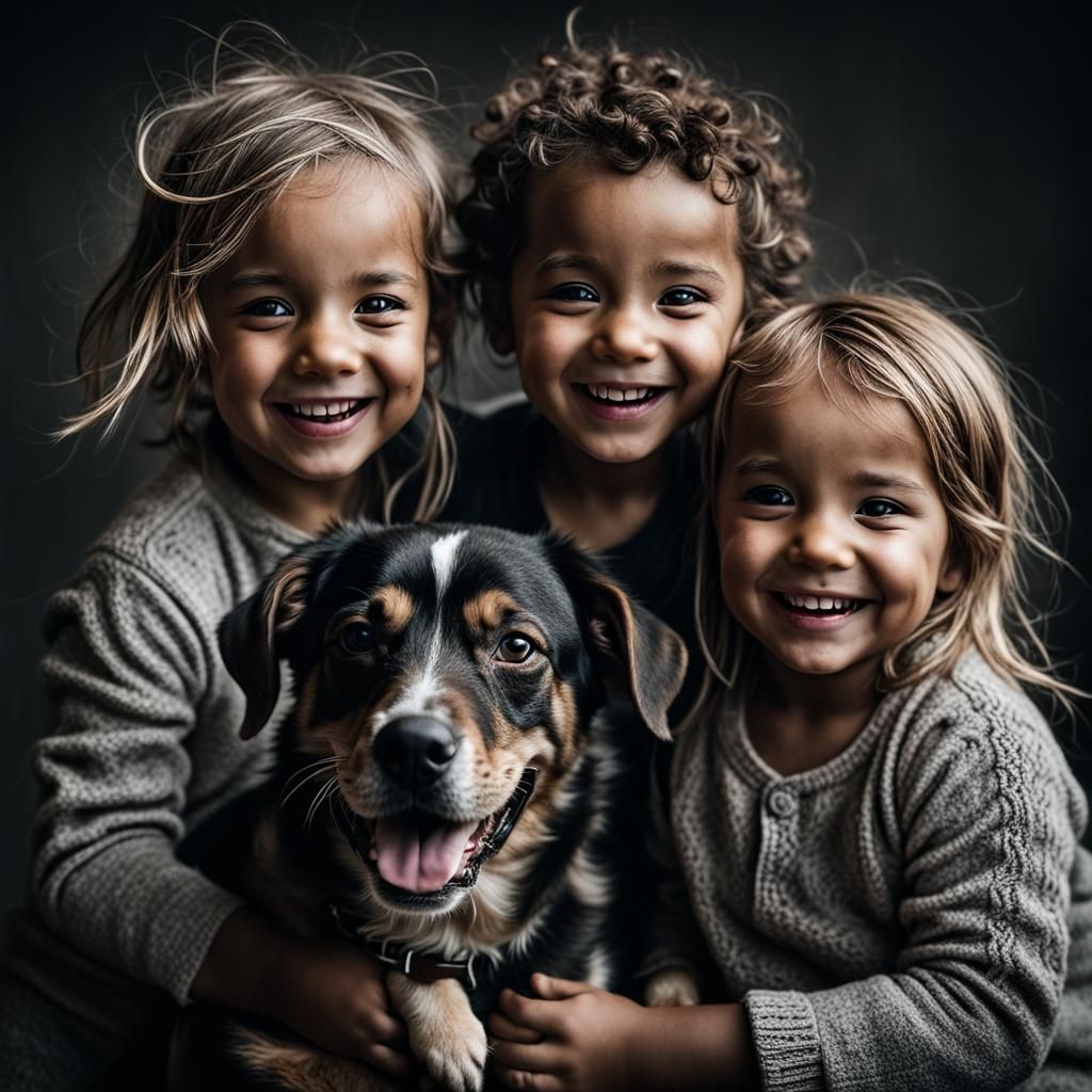 Toddler Siblings and Dog Portrait, Intricate Detail