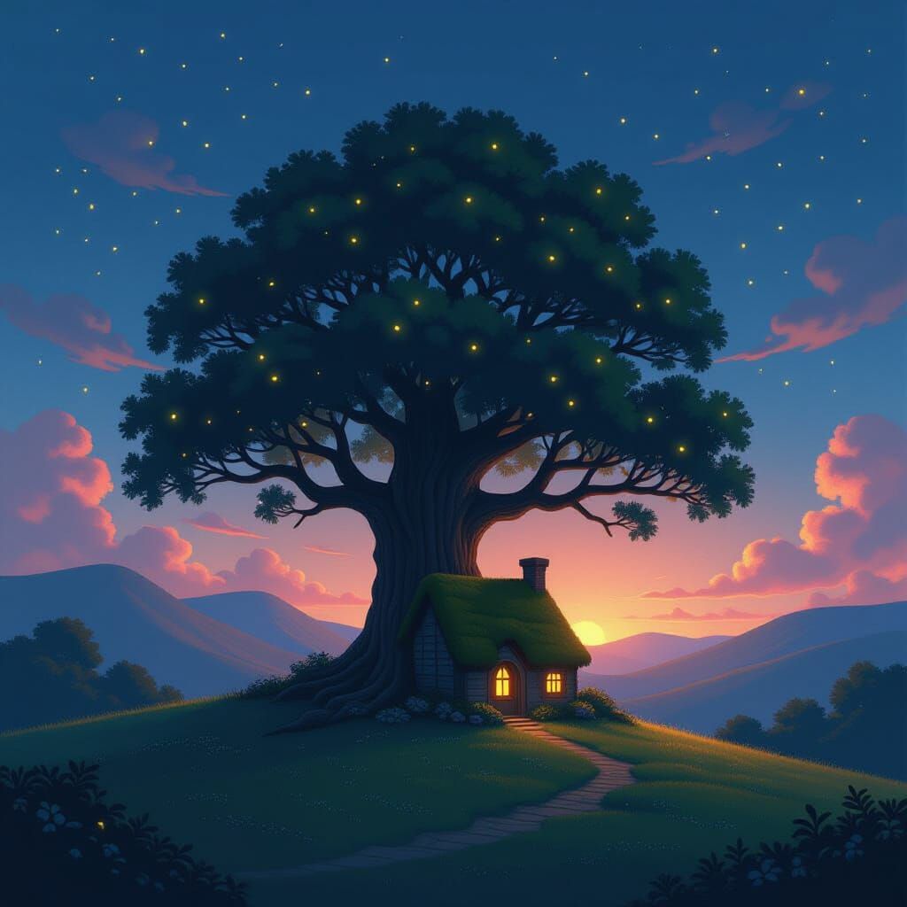 Ancient Tree with Ethereal Fireflies Above Cozy Cottage